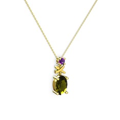 Peridot ve ametist 8 ayar altın kolye (40 cm gümüş rolo zincir)