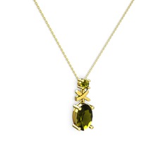Oval Taşlı X kolye - Peridot 18 ayar altın kolye (40 cm gümüş rolo zincir) #1uk15ny