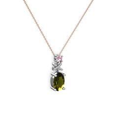 Peridot ve pembe kuvars 18 ayar beyaz altın kolye (40 cm rose altın rolo zincir)