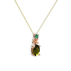 Oval Taşlı X kolye - Peridot ve yeşil kuvars 18 ayar rose altın kolye (40 cm altın rolo zincir) #1uw3s32