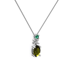 Oval Taşlı X kolye - Peridot ve yeşil kuvars 8 ayar beyaz altın kolye (40 cm gümüş rolo zincir) #1vp7pox