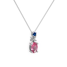Oval Taşlı X kolye - Pembe kuvars ve lab safir 8 ayar beyaz altın kolye (40 cm beyaz altın rolo zincir) #1vt0pzb