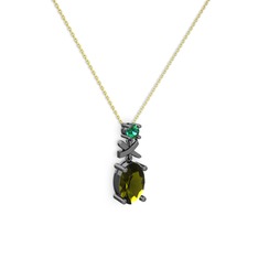 Oval Taşlı X kolye - Peridot ve yeşil kuvars 925 ayar siyah rodyum kaplama gümüş kolye (40 cm altın rolo zincir) #1vwrf1f
