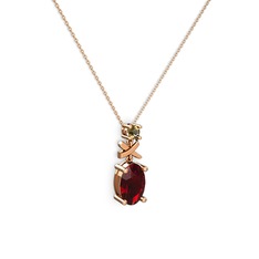 Oval Taşlı X kolye - Garnet ve dumanlı kuvars 14 ayar rose altın kolye (40 cm rose altın rolo zincir) #1vxrf8l