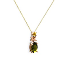 Oval Taşlı X kolye - Peridot ve sitrin 925 ayar rose altın kaplama gümüş kolye (40 cm altın rolo zincir) #1w2zjsb