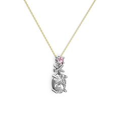Oval Taşlı X kolye - Swarovski ve pembe kuvars 925 ayar gümüş kolye (40 cm altın rolo zincir) #1w9gsww