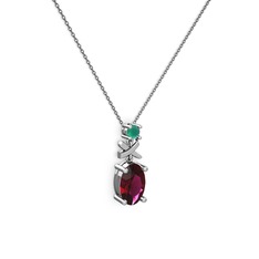 Oval Taşlı X kolye - Rodolit garnet ve kök zümrüt 925 ayar gümüş kolye (40 cm gümüş rolo zincir) #1whi4ur