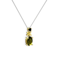 Oval Taşlı X kolye - Peridot ve siyah zirkon 925 ayar altın kaplama gümüş kolye (40 cm gümüş rolo zincir) #1whr0m6