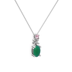 Oval Taşlı X kolye - Kök zümrüt ve pembe kuvars 8 ayar beyaz altın kolye (40 cm beyaz altın rolo zincir) #1wllprm