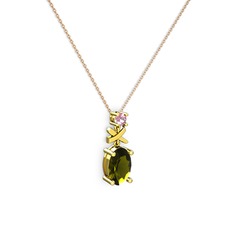 Oval Taşlı X kolye - Peridot ve pembe kuvars 8 ayar altın kolye (40 cm rose altın rolo zincir) #1wr3jkr