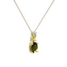 Oval Taşlı X kolye - Peridot ve beyaz zirkon 18 ayar altın kolye (40 cm rose altın rolo zincir) #1wr6l9w