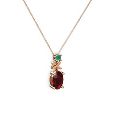 Oval Taşlı X kolye - Garnet ve kök zümrüt 14 ayar rose altın kolye (40 cm rose altın rolo zincir) #1xect2v