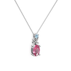 Oval Taşlı X kolye - Pembe kuvars ve akuamarin 8 ayar beyaz altın kolye (40 cm beyaz altın rolo zincir) #1xk8m2t