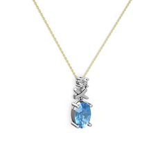 Oval Taşlı X kolye - Akuamarin ve pırlanta 8 ayar beyaz altın kolye (0.24 karat, 40 cm altın rolo zincir) #1y5v0yn