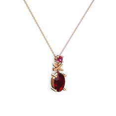 Oval Taşlı X kolye - Garnet ve rodolit garnet 14 ayar rose altın kolye (40 cm rose altın rolo zincir) #1ybzof2