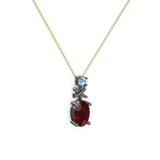 Oval Taşlı X kolye - Garnet ve akuamarin 925 ayar siyah rodyum kaplama gümüş kolye (40 cm altın rolo zincir) #1yox75l
