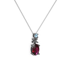Oval Taşlı X kolye - Rodolit garnet ve akuamarin 925 ayar siyah rodyum kaplama gümüş kolye (40 cm beyaz altın rolo zincir) #280ztz