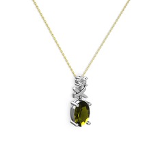 Oval Taşlı X kolye - Peridot ve beyaz zirkon 18 ayar beyaz altın kolye (40 cm altın rolo zincir) #2guab4