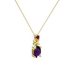 Oval Taşlı X kolye - Ametist ve garnet 14 ayar altın kolye (40 cm altın rolo zincir) #2hagek