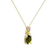 Oval Taşlı X kolye - Peridot ve pembe kuvars 8 ayar altın kolye (40 cm altın rolo zincir) #2iza8q