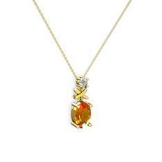 Oval Taşlı X kolye - Sitrin ve pırlanta 14 ayar altın kolye (0.24 karat, 40 cm altın rolo zincir) #2kgfnj