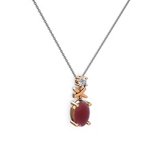 Oval Taşlı X kolye - Kök yakut ve swarovski 14 ayar rose altın kolye (40 cm gümüş rolo zincir) #2kgki8