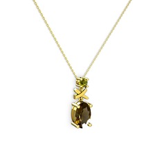 Oval Taşlı X kolye - Dumanlı kuvars ve peridot 8 ayar altın kolye (40 cm gümüş rolo zincir) #2sgi8j