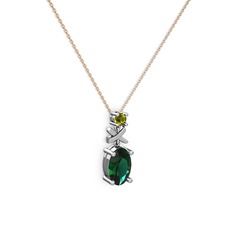 Oval Taşlı X kolye - Yeşil kuvars ve peridot 14 ayar beyaz altın kolye (40 cm rose altın rolo zincir) #3g0649