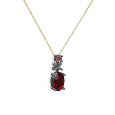 Oval Taşlı X kolye - Garnet ve kök yakut 925 ayar siyah rodyum kaplama gümüş kolye (40 cm altın rolo zincir) #3hi3k1