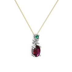 Oval Taşlı X kolye - Rodolit garnet ve yeşil kuvars 18 ayar beyaz altın kolye (40 cm altın rolo zincir) #3o4mn1
