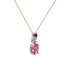 Oval Taşlı X kolye - Pembe kuvars ve garnet 14 ayar beyaz altın kolye (40 cm rose altın rolo zincir) #3uhbbb