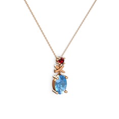 Oval Taşlı X kolye - Akuamarin ve garnet 8 ayar rose altın kolye (40 cm rose altın rolo zincir) #3z7wgb