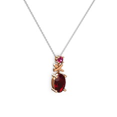 Oval Taşlı X kolye - Garnet ve rodolit garnet 18 ayar rose altın kolye (40 cm beyaz altın rolo zincir) #44adnp