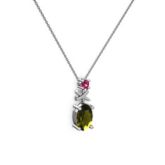 Oval Taşlı X kolye - Peridot ve rodolit garnet 925 ayar gümüş kolye (40 cm gümüş rolo zincir) #4inb2n