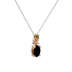 Oval Taşlı X kolye - Siyah zirkon ve peridot 14 ayar rose altın kolye (40 cm gümüş rolo zincir) #4u2bij