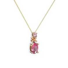 Oval Taşlı X kolye - Pembe kuvars 14 ayar rose altın kolye (40 cm altın rolo zincir) #4wnyi