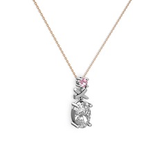 Oval Taşlı X kolye - Swarovski ve pembe kuvars 925 ayar gümüş kolye (40 cm rose altın rolo zincir) #4x7zvr