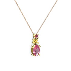 Oval Taşlı X kolye - Pembe kuvars ve kök yakut 8 ayar altın kolye (40 cm rose altın rolo zincir) #53mozm