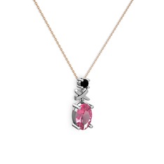 Oval Taşlı X kolye - Pembe kuvars ve siyah zirkon 18 ayar beyaz altın kolye (40 cm rose altın rolo zincir) #56c09v