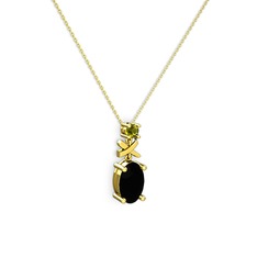 Oval Taşlı X kolye - Siyah zirkon ve peridot 18 ayar altın kolye (40 cm gümüş rolo zincir) #599qz6