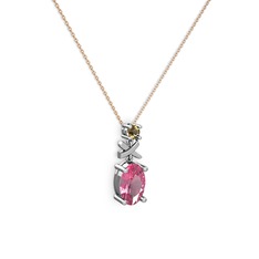 Oval Taşlı X kolye - Pembe kuvars ve dumanlı kuvars 18 ayar beyaz altın kolye (40 cm rose altın rolo zincir) #5ai8vy