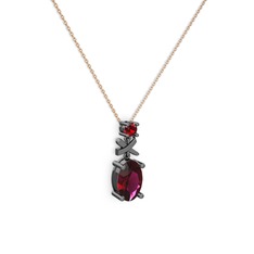 Oval Taşlı X kolye - Rodolit garnet ve garnet 925 ayar siyah rodyum kaplama gümüş kolye (40 cm gümüş rolo zincir) #5lsk3p