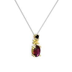 Oval Taşlı X kolye - Rodolit garnet ve siyah zirkon 18 ayar altın kolye (40 cm beyaz altın rolo zincir) #5vugko