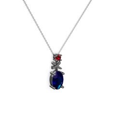 Oval Taşlı X kolye - Lab safir ve garnet 925 ayar siyah rodyum kaplama gümüş kolye (40 cm gümüş rolo zincir) #60jlzz