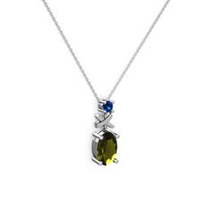 Oval Taşlı X kolye - Peridot ve lab safir 8 ayar beyaz altın kolye (40 cm beyaz altın rolo zincir) #61b6rx