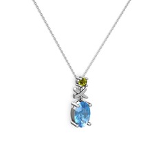 Oval Taşlı X kolye - Akuamarin ve peridot 14 ayar beyaz altın kolye (40 cm gümüş rolo zincir) #62f0ix