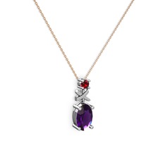 Oval Taşlı X kolye - Ametist ve garnet 8 ayar beyaz altın kolye (40 cm rose altın rolo zincir) #62ley