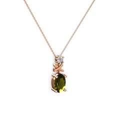 Oval Taşlı X kolye - Peridot ve beyaz zirkon 18 ayar rose altın kolye (40 cm rose altın rolo zincir) #6a3zix