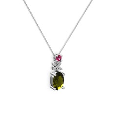 Oval Taşlı X kolye - Peridot ve rodolit garnet 8 ayar beyaz altın kolye (40 cm beyaz altın rolo zincir) #6aem9j