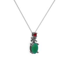 Oval Taşlı X kolye - Kök zümrüt ve garnet 925 ayar siyah rodyum kaplama gümüş kolye (40 cm beyaz altın rolo zincir) #6czrqs